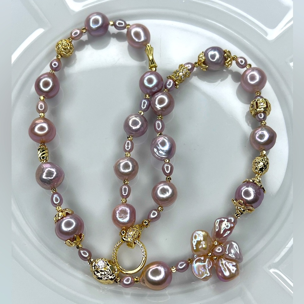 Handmade Full Stand Of Pink Metallic Freshwater Edison Baroque Pearl Necklace
